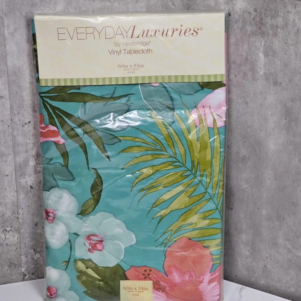 Oval Vinyl Tablecloth 60 x 84 Inch Tropical Hawaiian Floral Vinyl Flannel Backed